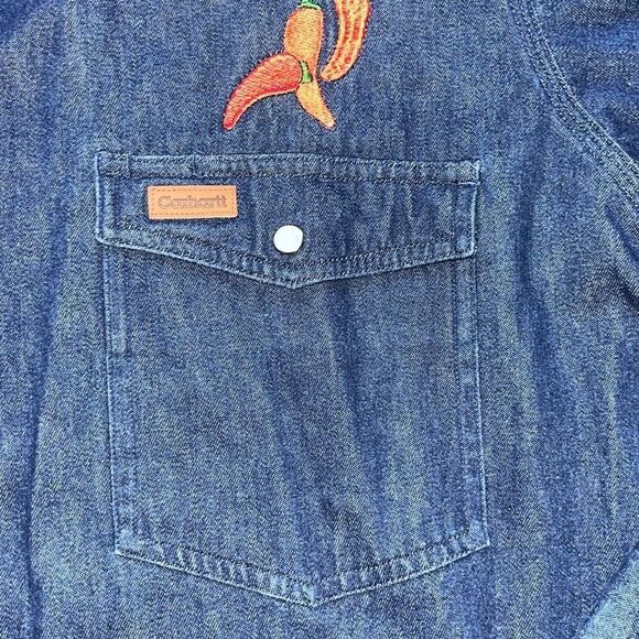 Vintage Carhartt Denim Pearl Snap Shirt Rugged Western Cowboy 2XL - Picture 3 of 15
